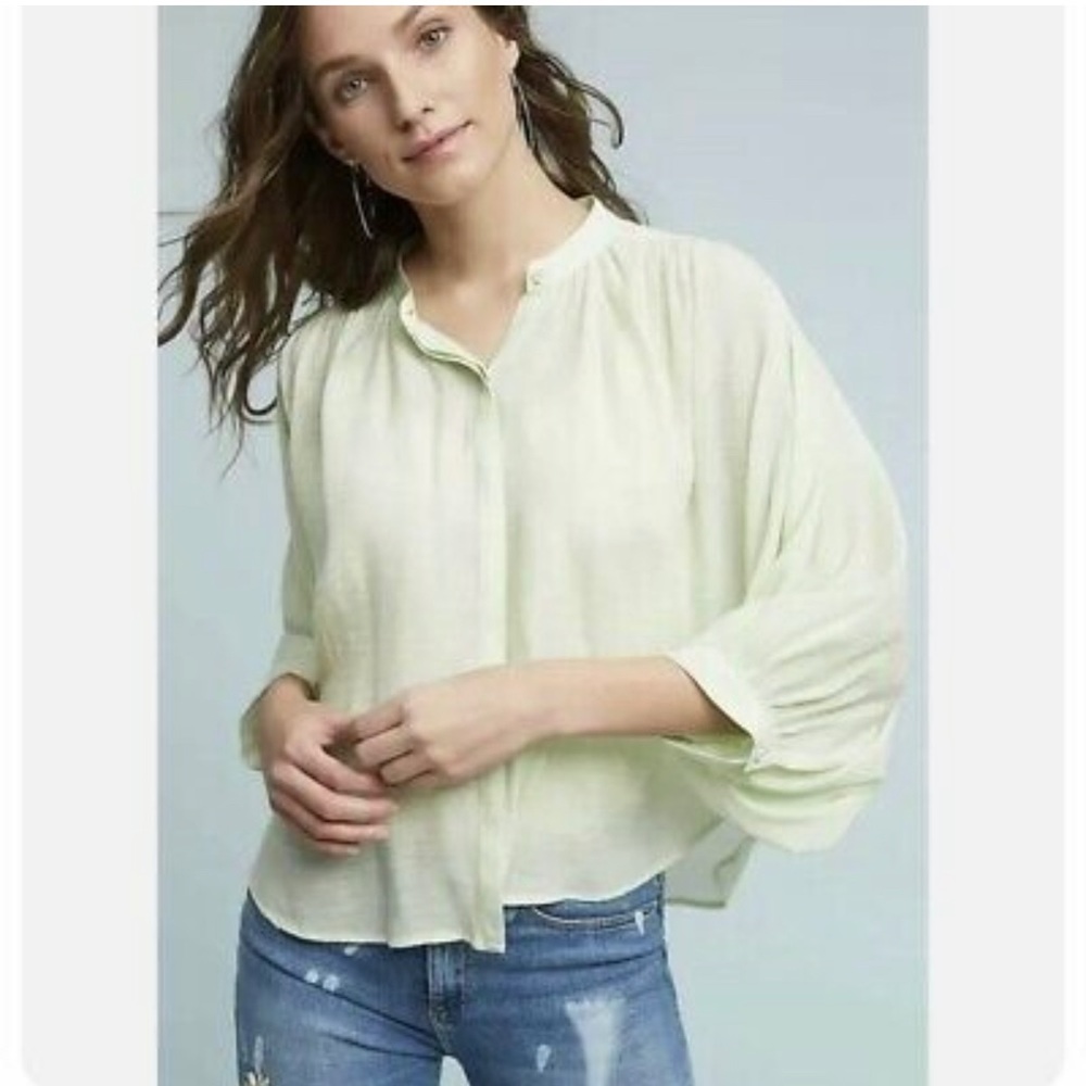 Anthropologie Maeve Brynna Buttondown Lime Green Butterfly Sleeve Blouse Sz S